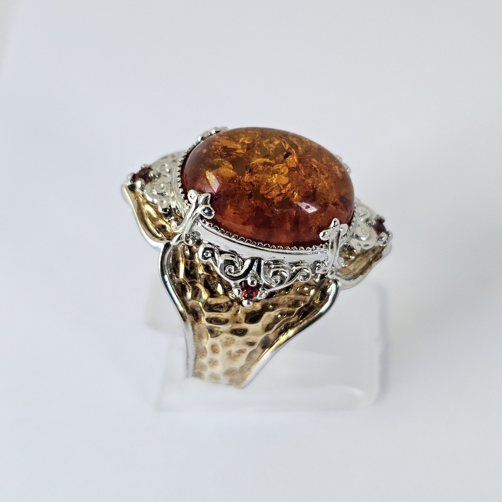 Natural Baltic Amber & Red Sapphire Ring 18K & Palladium Silver Sz 8 - Picture 2 of 5